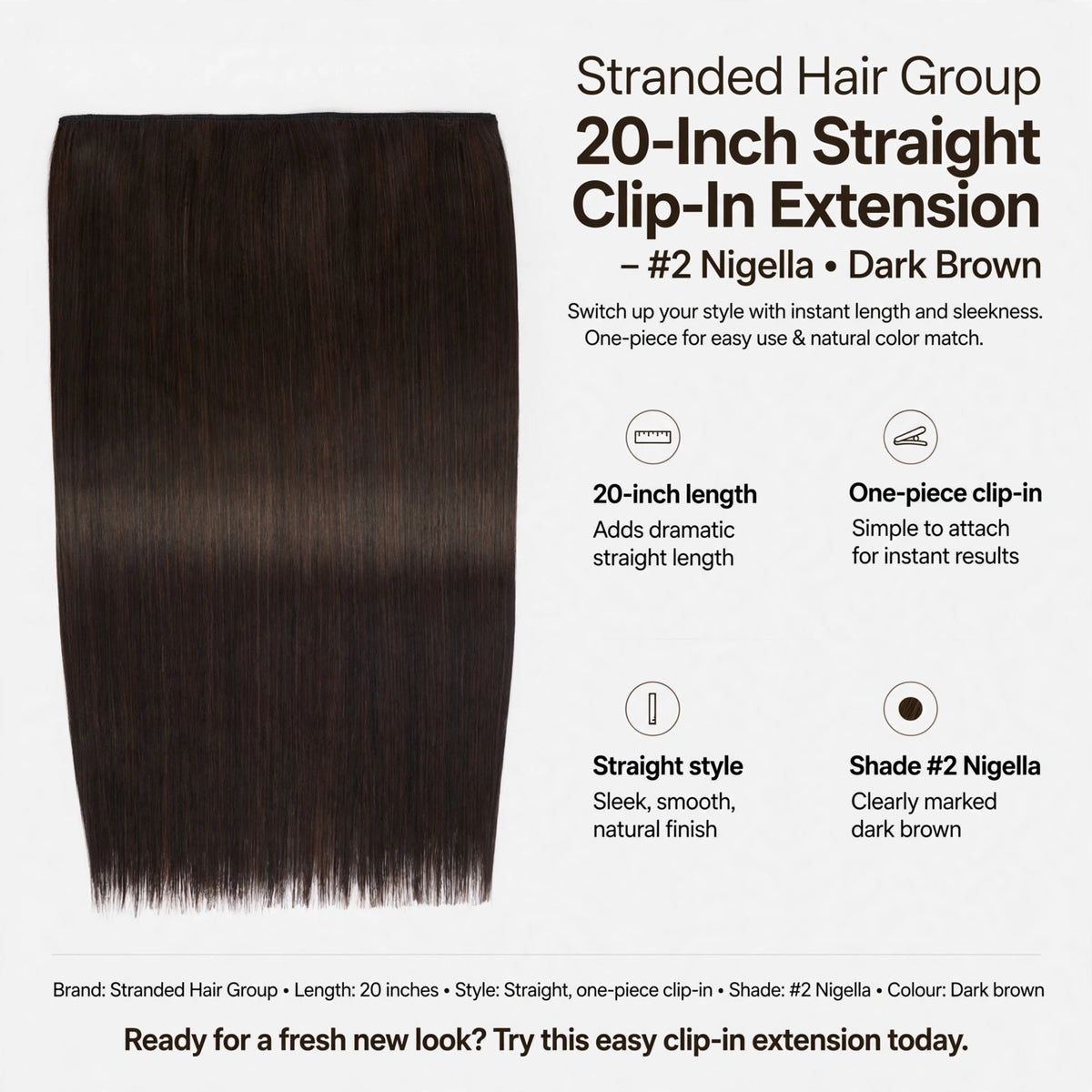 Infographic showing 20-inch length, straight style, one-piece clip-in, and shade #2 Nigella