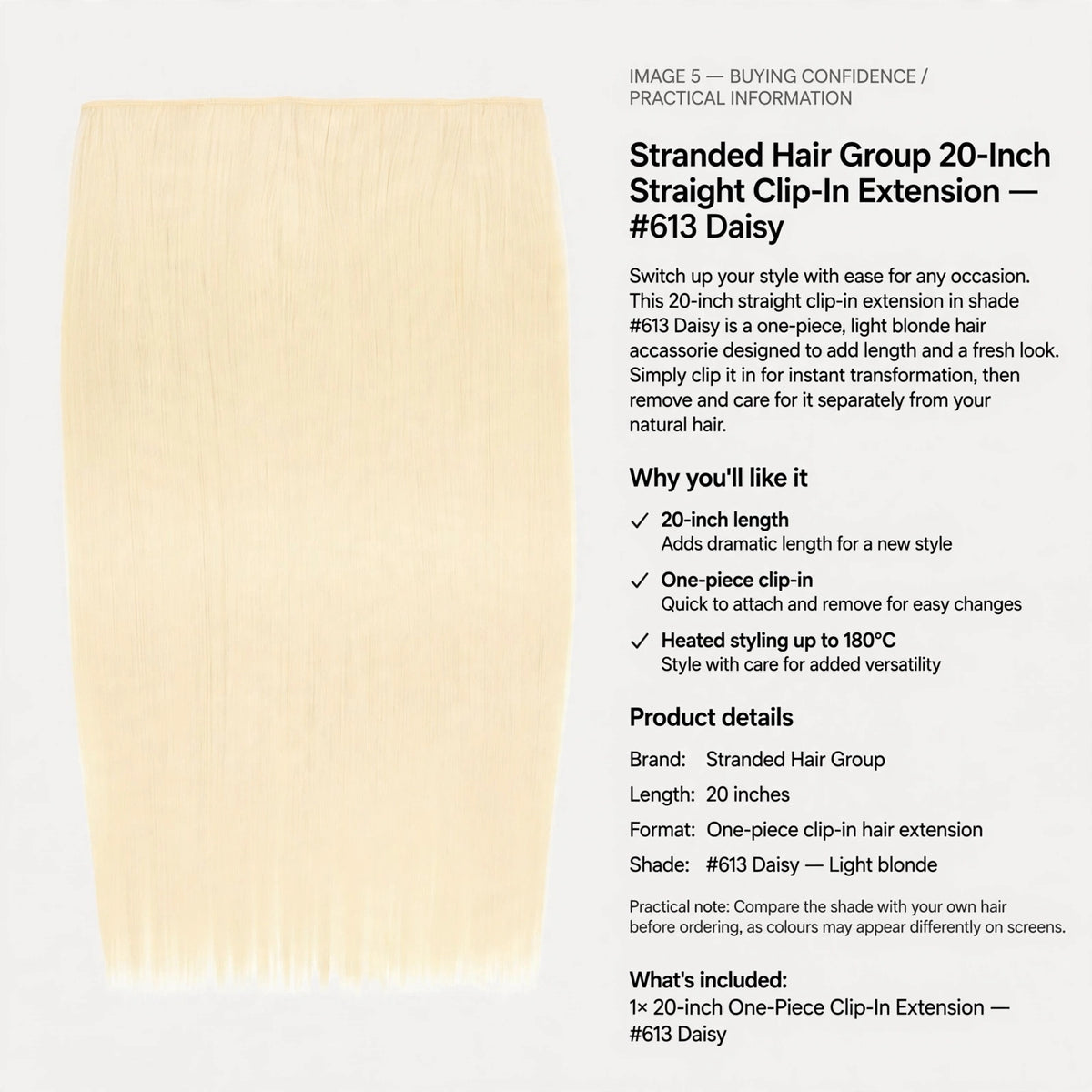 Information on clip-in attachment, 20-inch length, light blonde shade #613 Daisy, and heated styling instructions