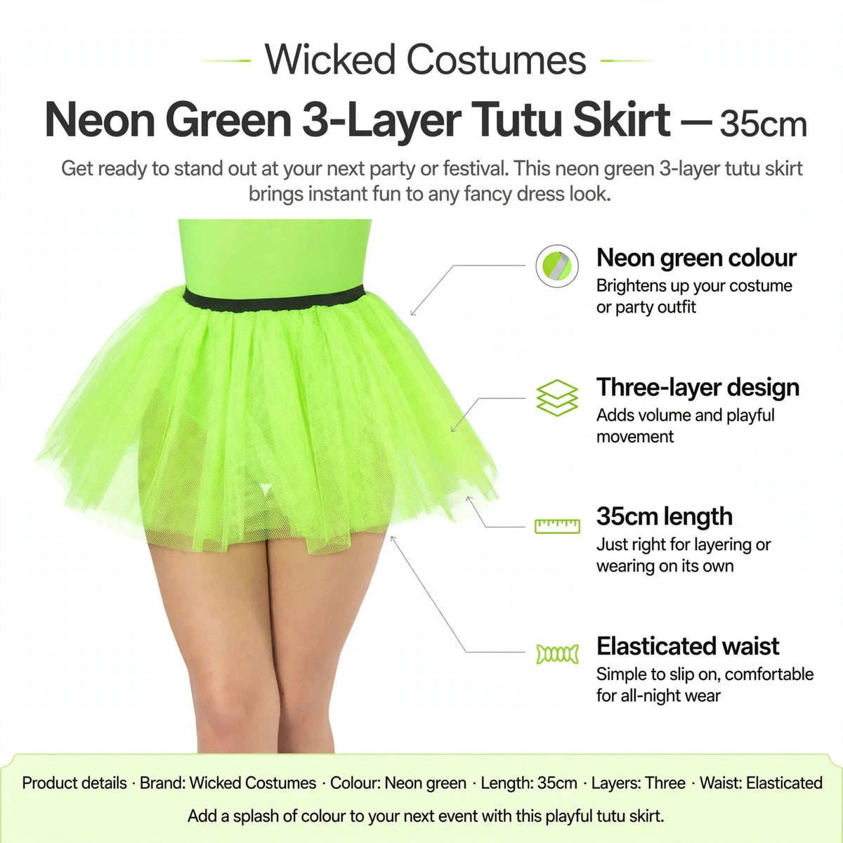 Infographic showing neon green colour, three-layer design, 35cm length, and elasticated waist of tutu skirt