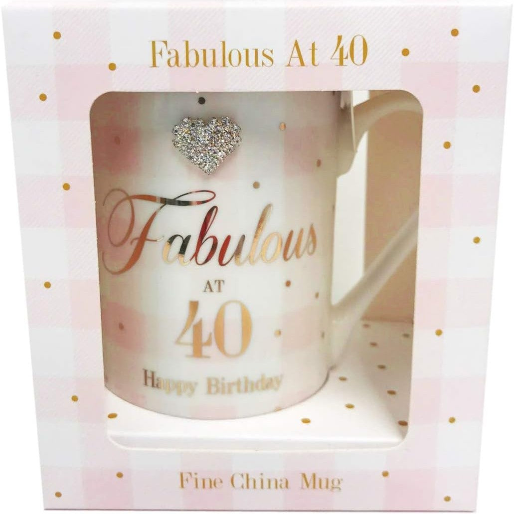 Mad Dots Fabulous At 40 40th Birthday Boxed Gift Mug Striped With Diamante Heart | Merthyr Tydfil | Why Not Shop Online