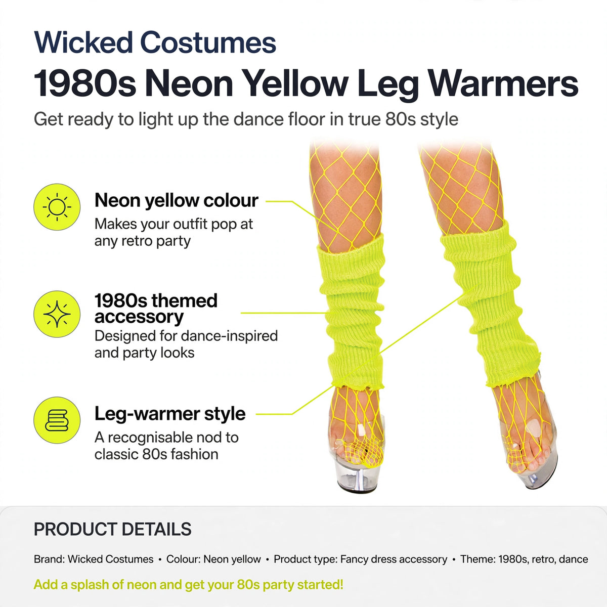 Features neon yellow colour, 1980s theme, leg-warmer style