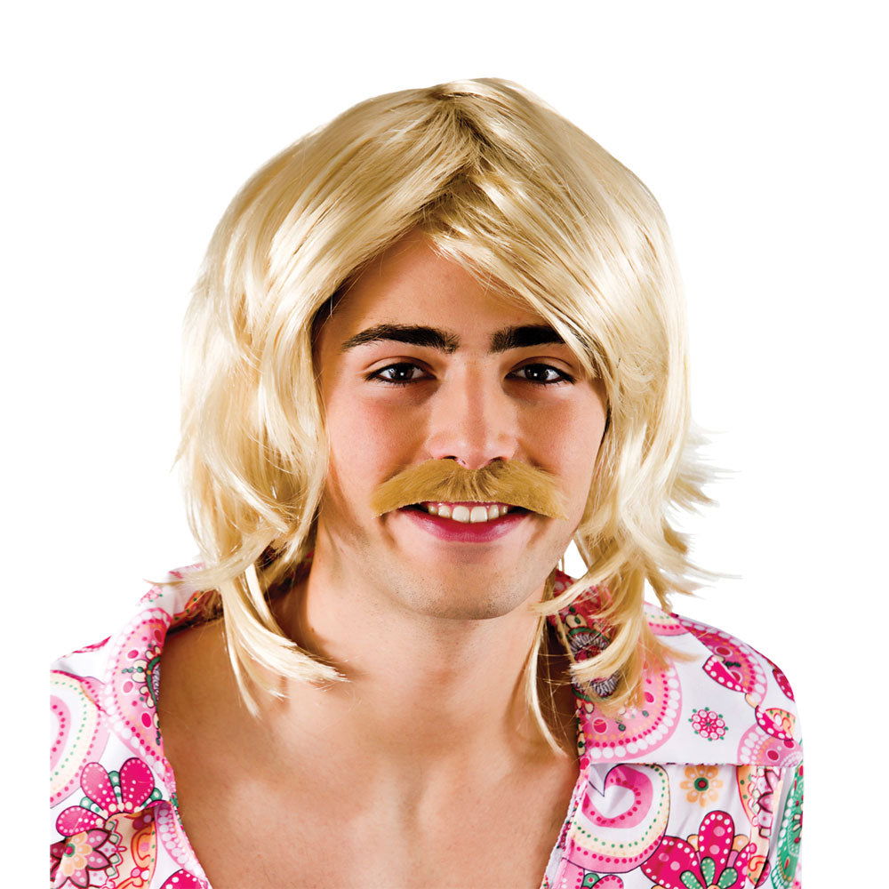 Blonde Disco Fancy Dress Wig with Moustache - 70s Retro Accessory Kit for Men | Merthyr Tydfil | Why Not Shop Online