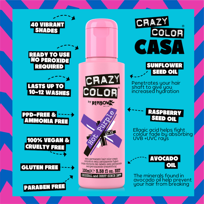 Crazy Color Semi Permanent Hair Dye - Hot Purple Number 62 100ml | Merthyr Tydfil | Why Not Shop Online