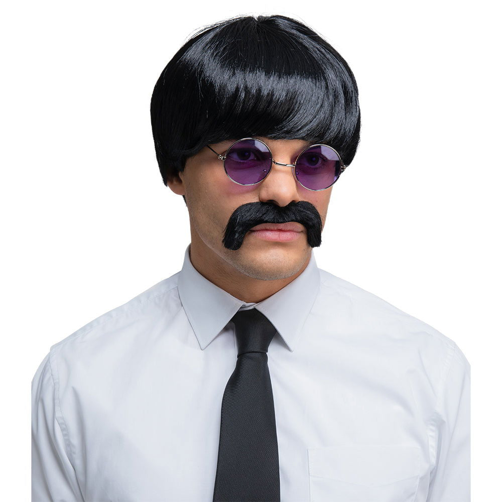 Mens Black 1960s Pop Icon Fancy Dress Wig With Black Moustache | Why Not Shop