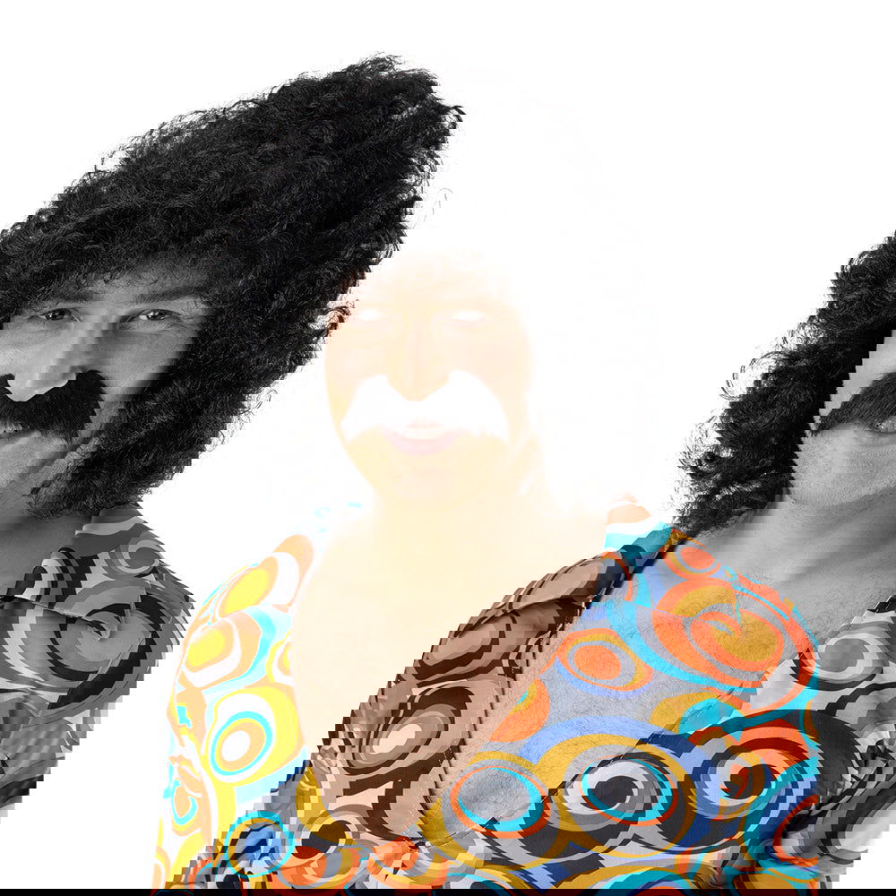 Mens Black Perm Fancy Dress Wig With Black Moustache | Why Not Shop