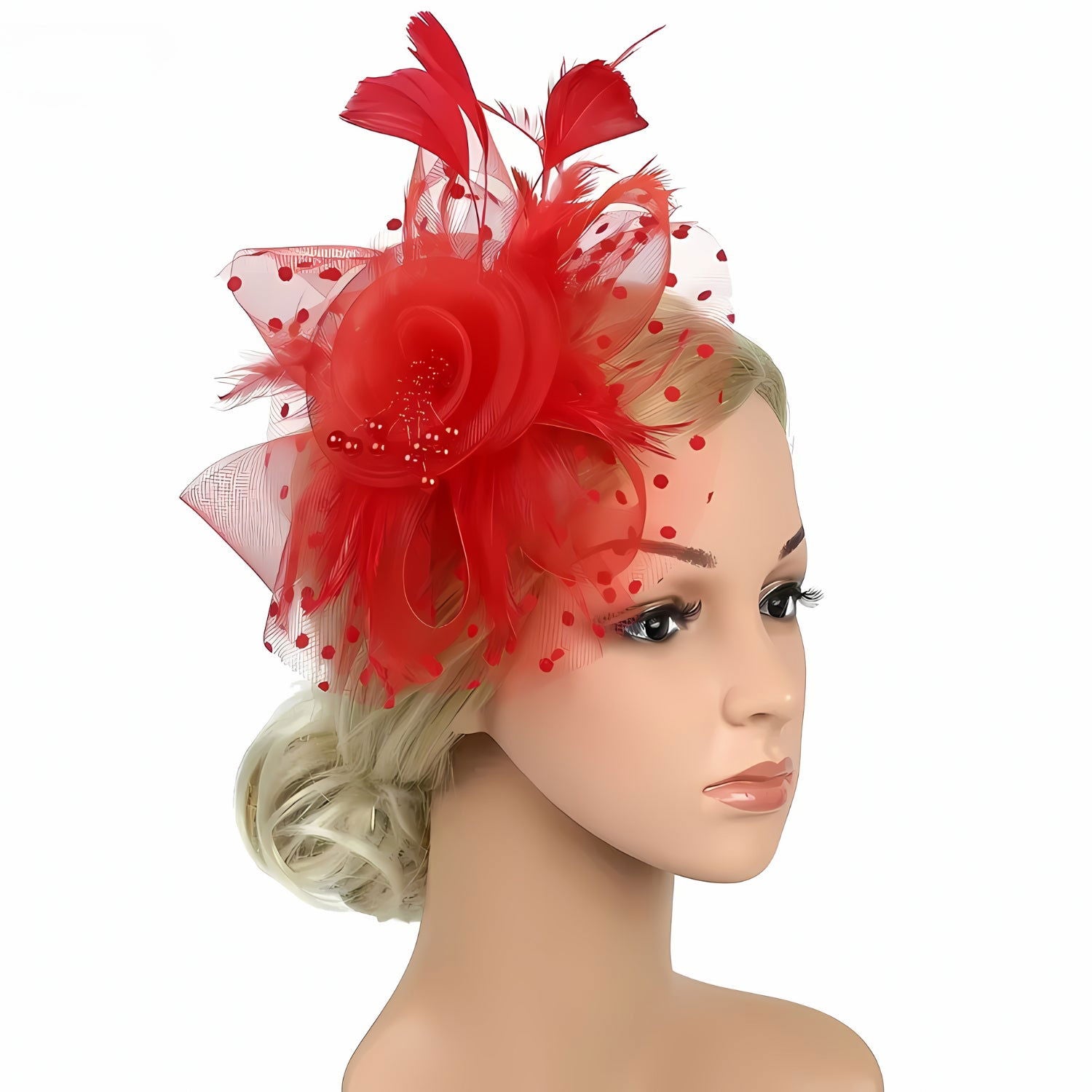 Red Fascinator With Red Feathers And Mesh Net Veil On A Headband And Hair Clip | Why Not Shop