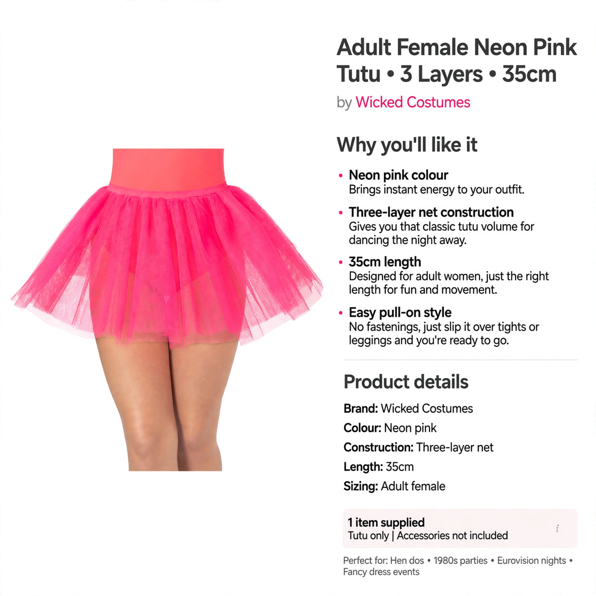 Adult female tutu in neon pink with easy pull-on style and 35cm length