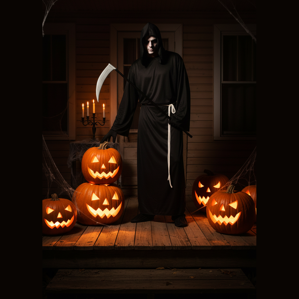 Adults Grim Reaper Costume Black Robe With Hood And Belt | Merthyr Tydfil | Why Not Shop Online