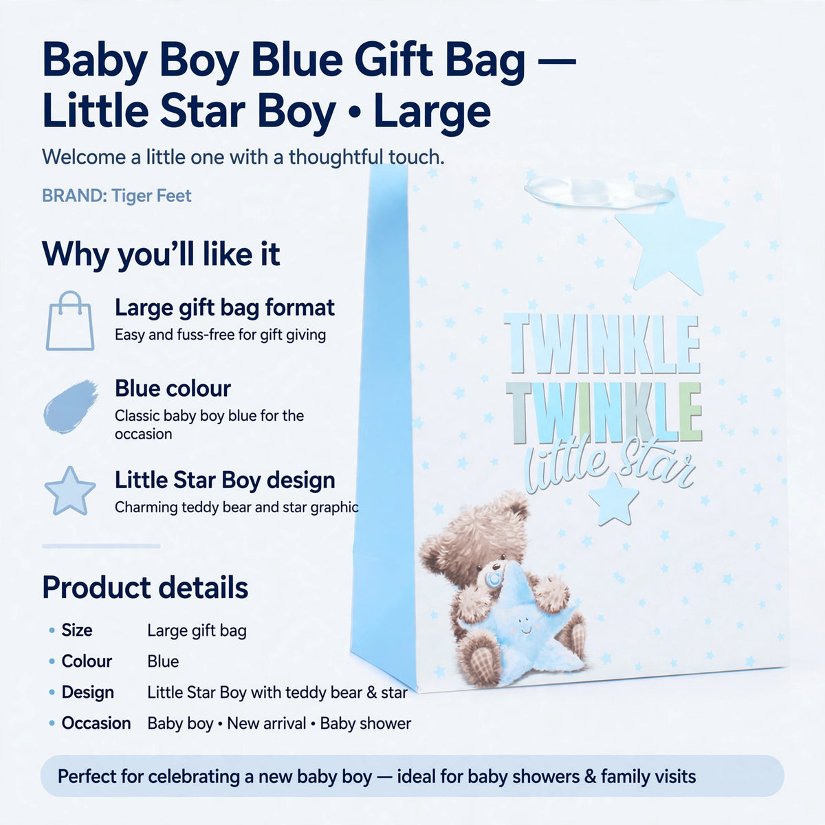 Infographic showing large gift bag format, blue colour, and Little Star Boy design