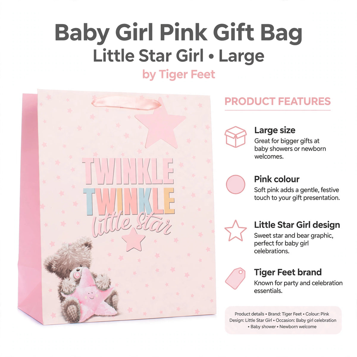 Infographic showing large size, pink colour, Little Star Girl design, and Tiger Feet brand