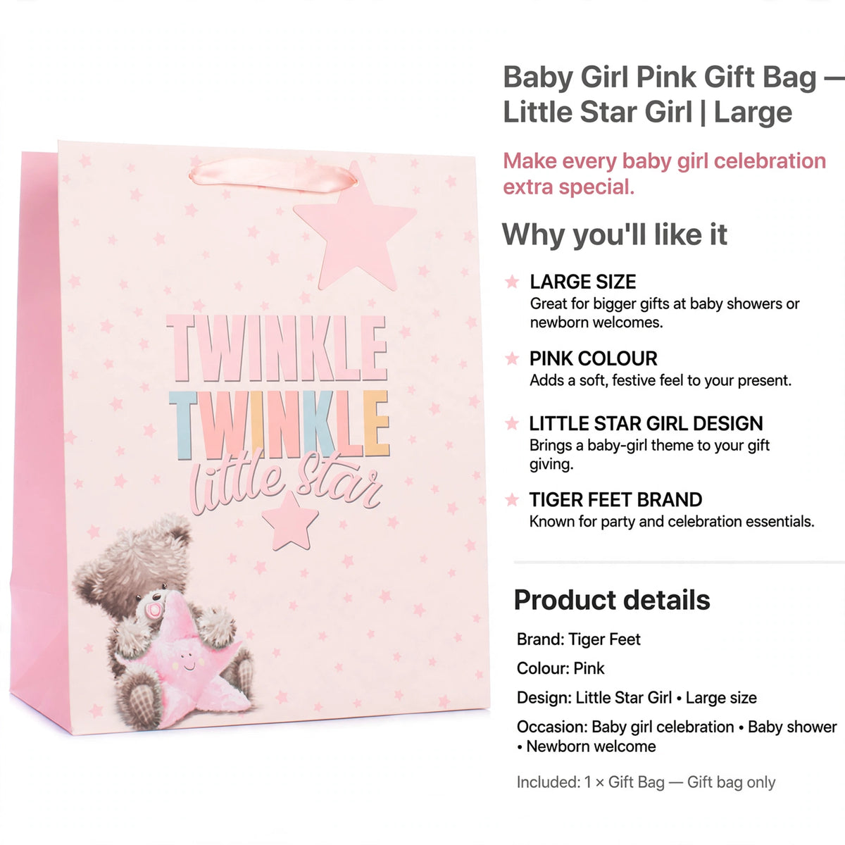 Large pink gift bag suitable for bigger gifts at baby showers or newborn welcomes