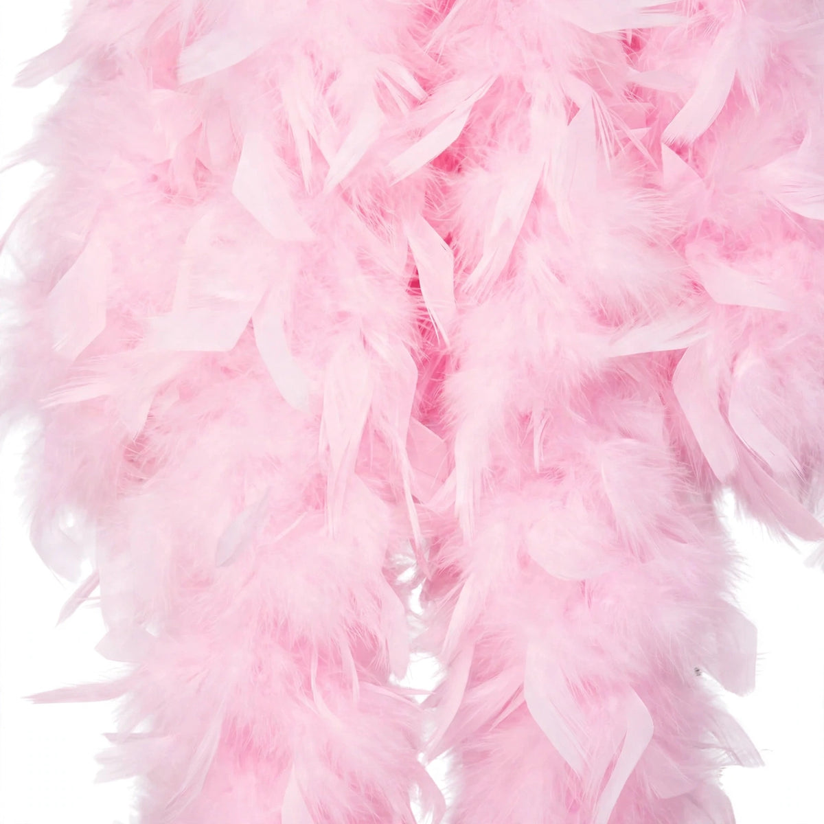 Close-up view of baby pink feather boa showing feather texture