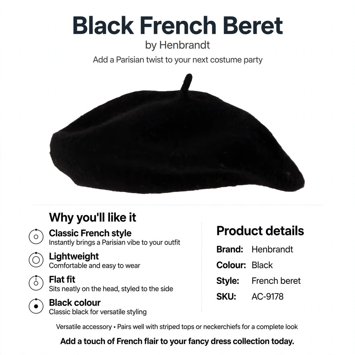 Features classic French style, lightweight design, flat fit, and black colour