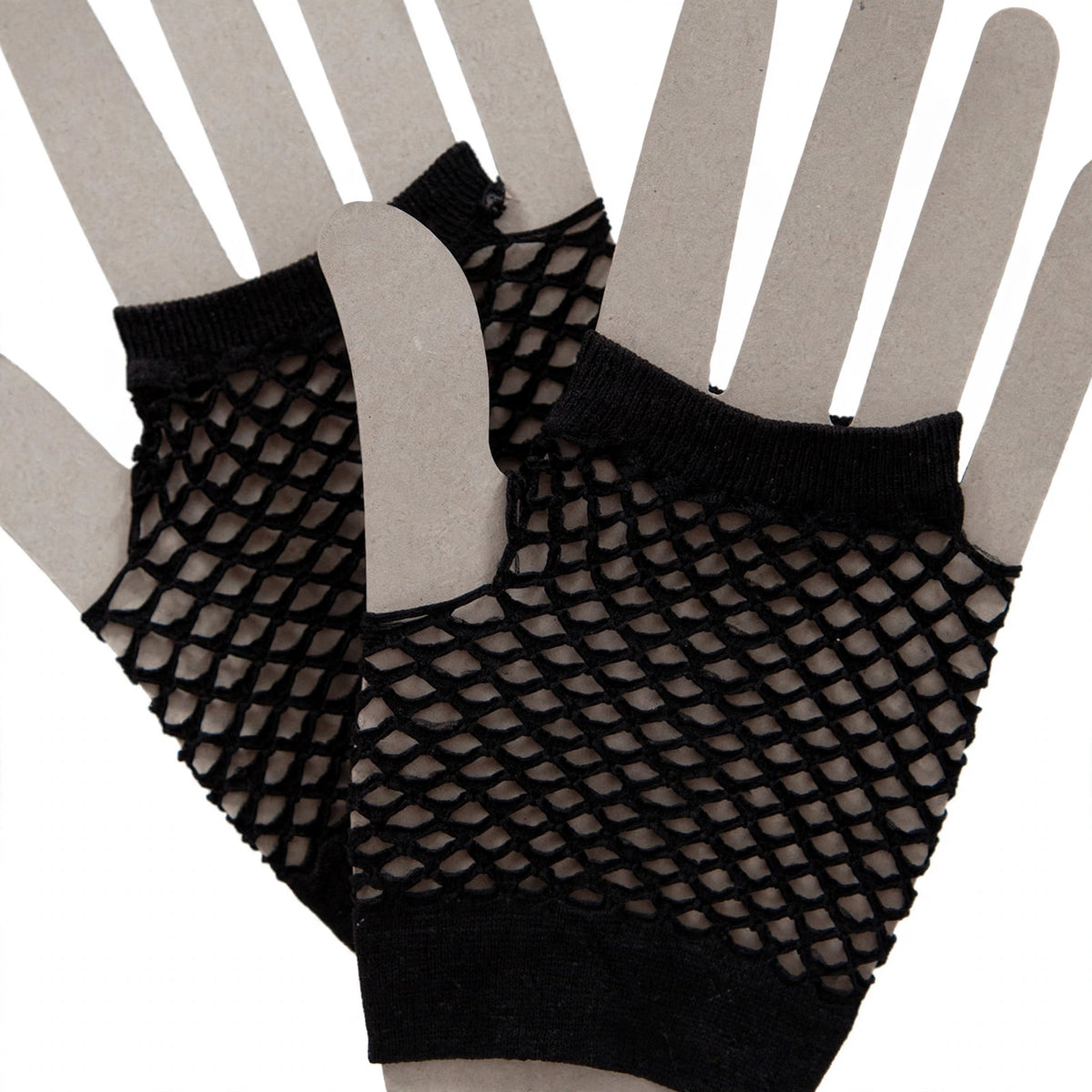 Close-up view of womens 1980s short black net gloves showing fingerless wrist-length style