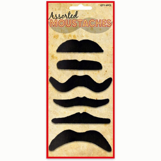 Black Fancy Dress Self-Adhesive Moustaches Assorted Designs Pack of 6
