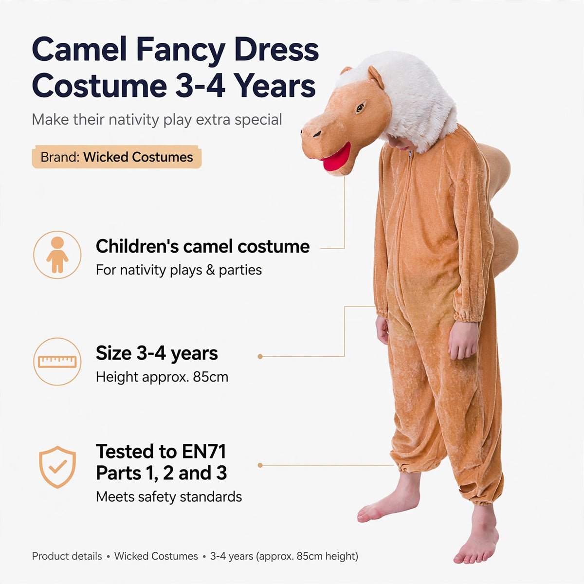 Features include children's camel costume, size 3-4 years, height approx. 85cm, tested to EN71 safety standards