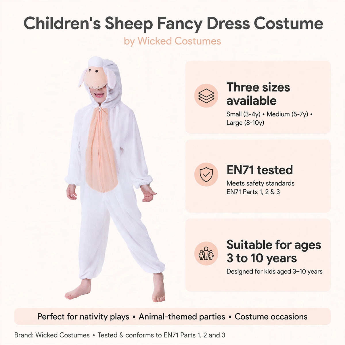 Costume features three sizes and EN71 safety testing