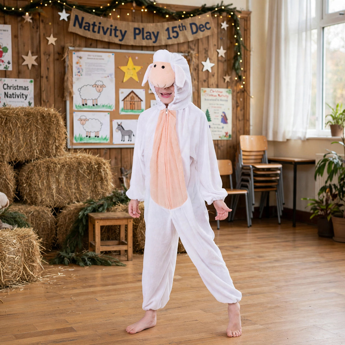Child wearing Sheep Fancy Dress Costume at a costume party or nativity play