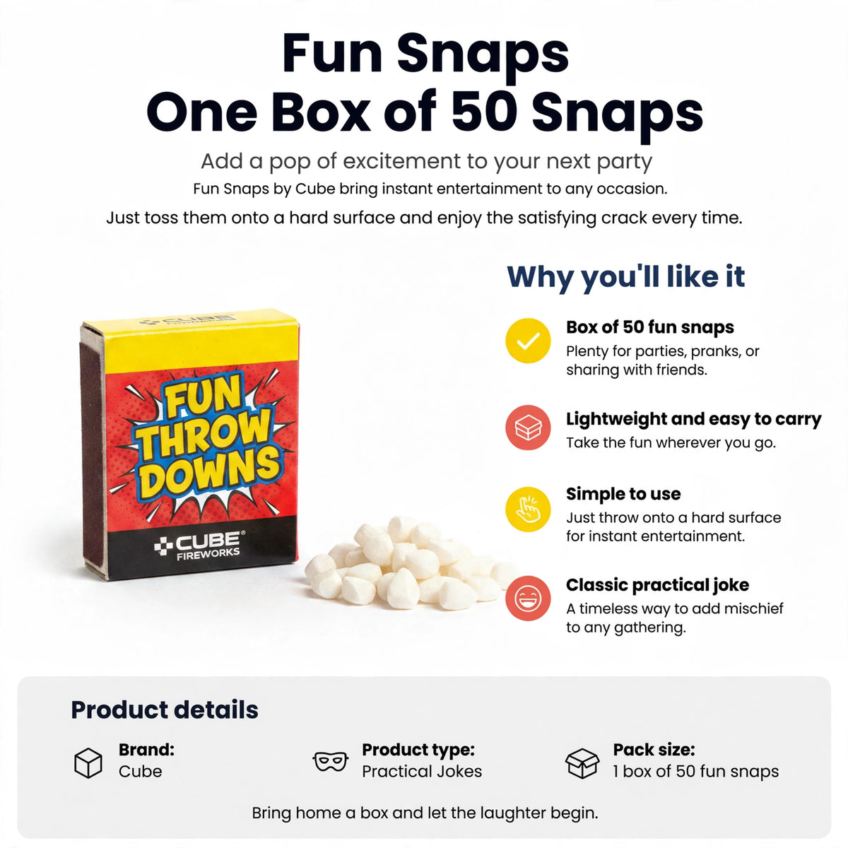 Infographic showing box of 50 fun snaps, lightweight design, and simple use by throwing onto hard surface