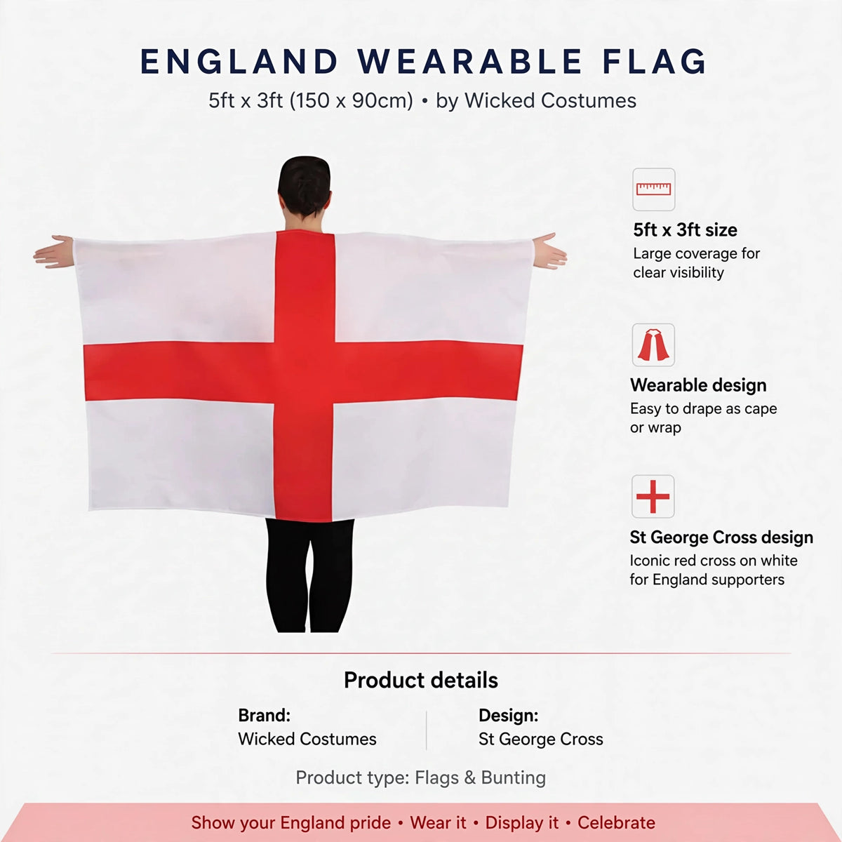 Infographic showing 5ft x 3ft size, wearable design, and St George Cross