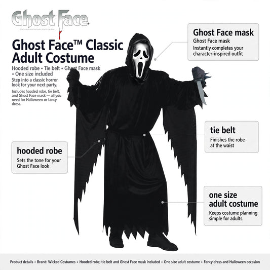 Costume features hooded robe, tie belt, and Ghost Face mask included in one set