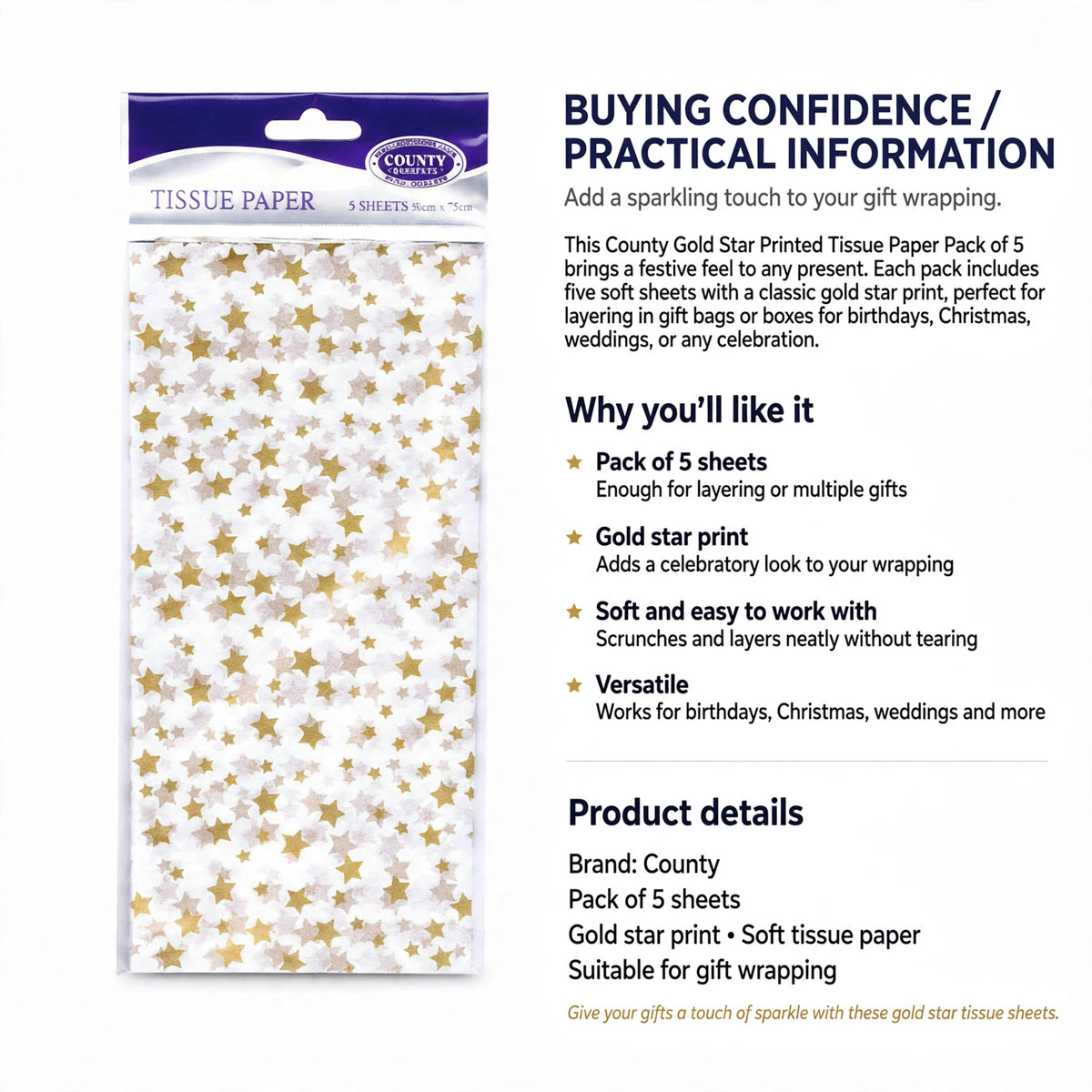 Information about pack quantity, gold star print, softness, and versatility for gift wrapping