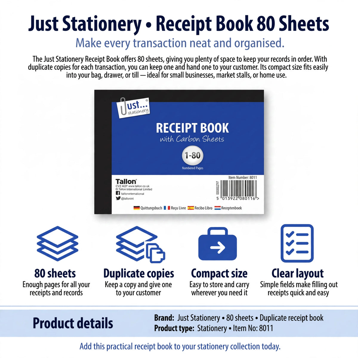 Receipt book features 80 sheets, duplicate copies, compact size, and clear layout