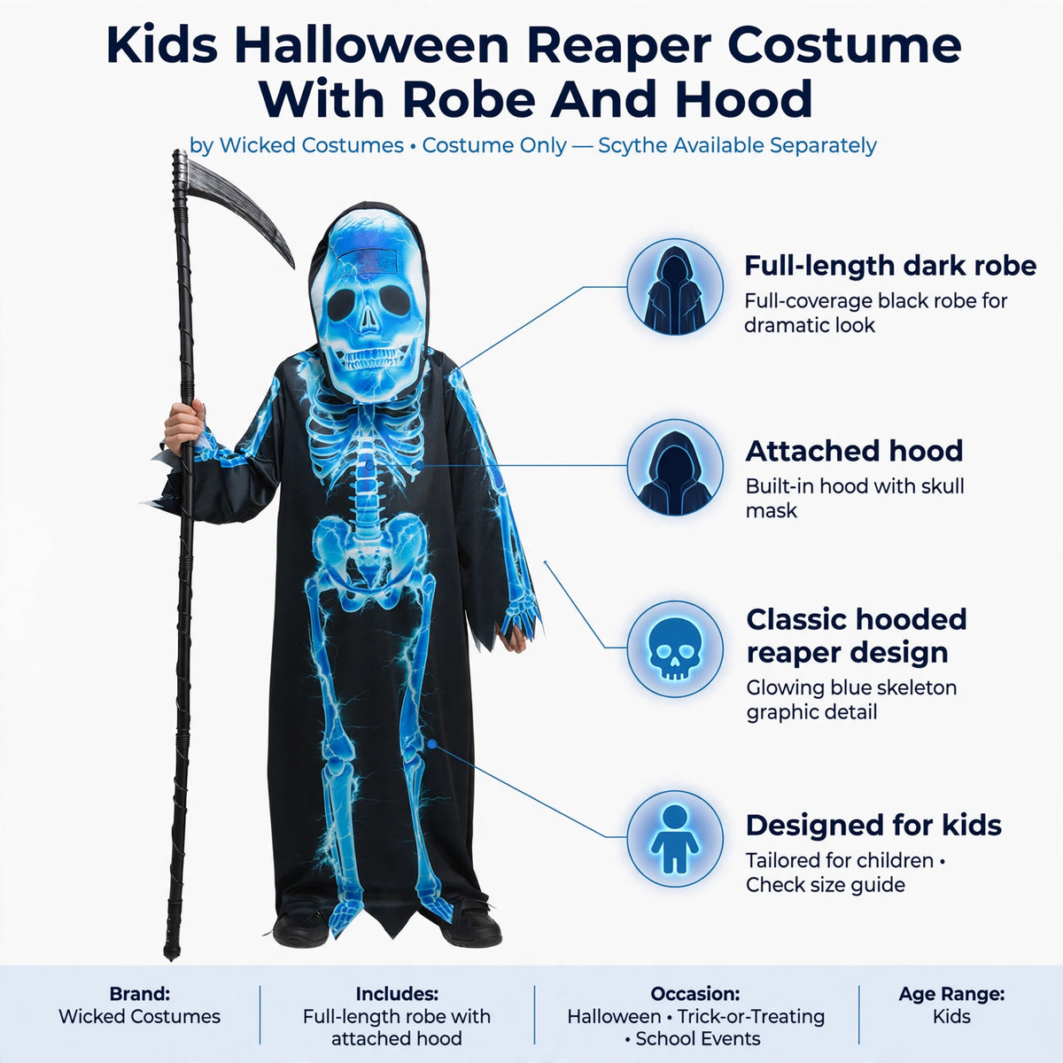 Features full-length dark robe, attached hood, classic hooded reaper design, designed for kids