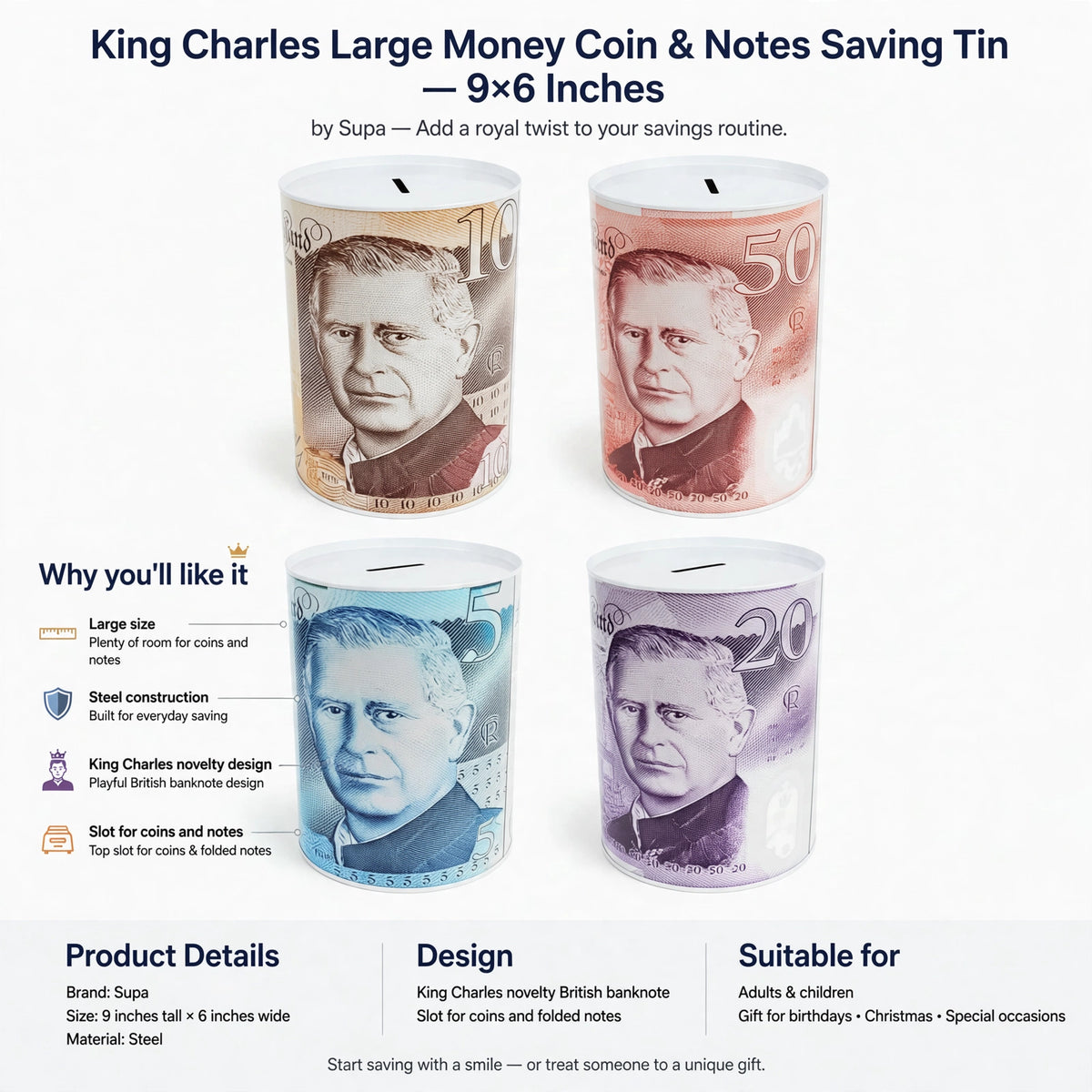 Infographic showing large size, steel construction, King Charles novelty design, and slot for coins and folded notes