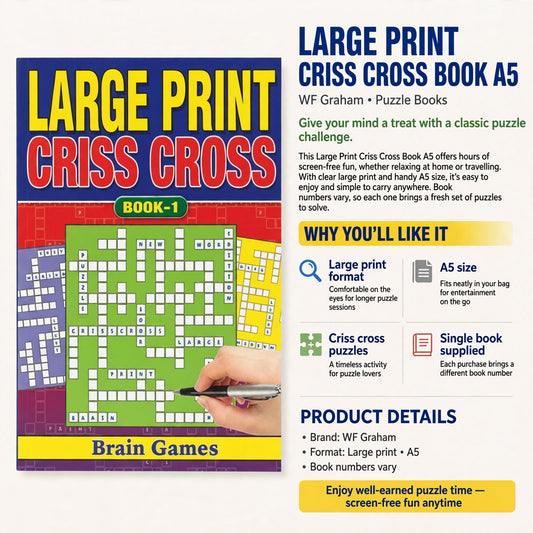 Infographic showing large print format, A5 size, criss cross puzzles, and single book supplied