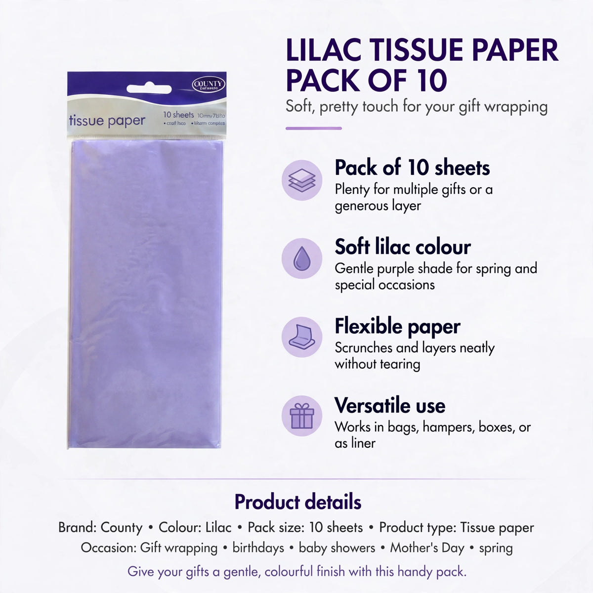 Infographic showing pack of 10 sheets, soft lilac colour, flexible paper, and versatile use