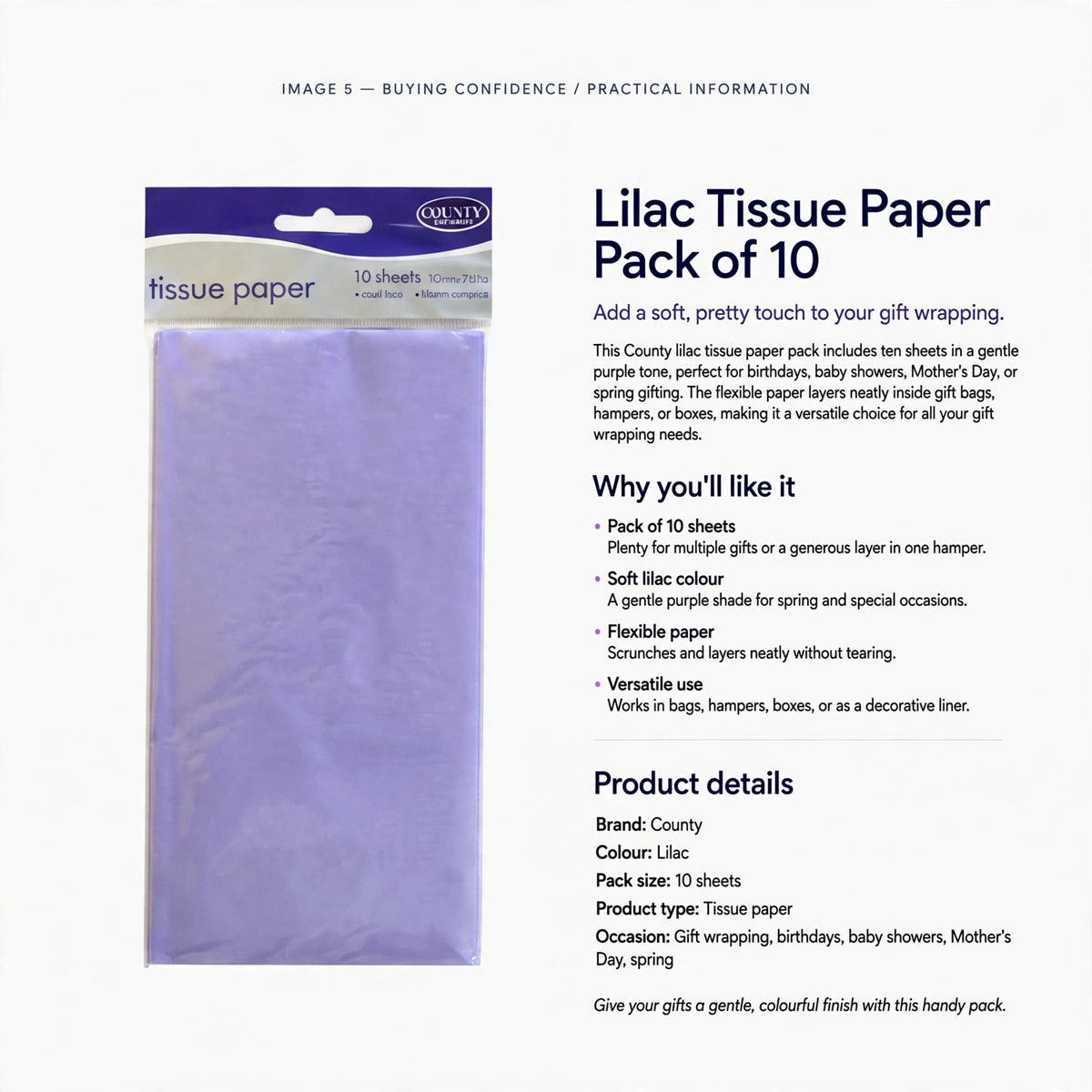 Information about pack size, colour, flexibility, and versatile gift wrapping use