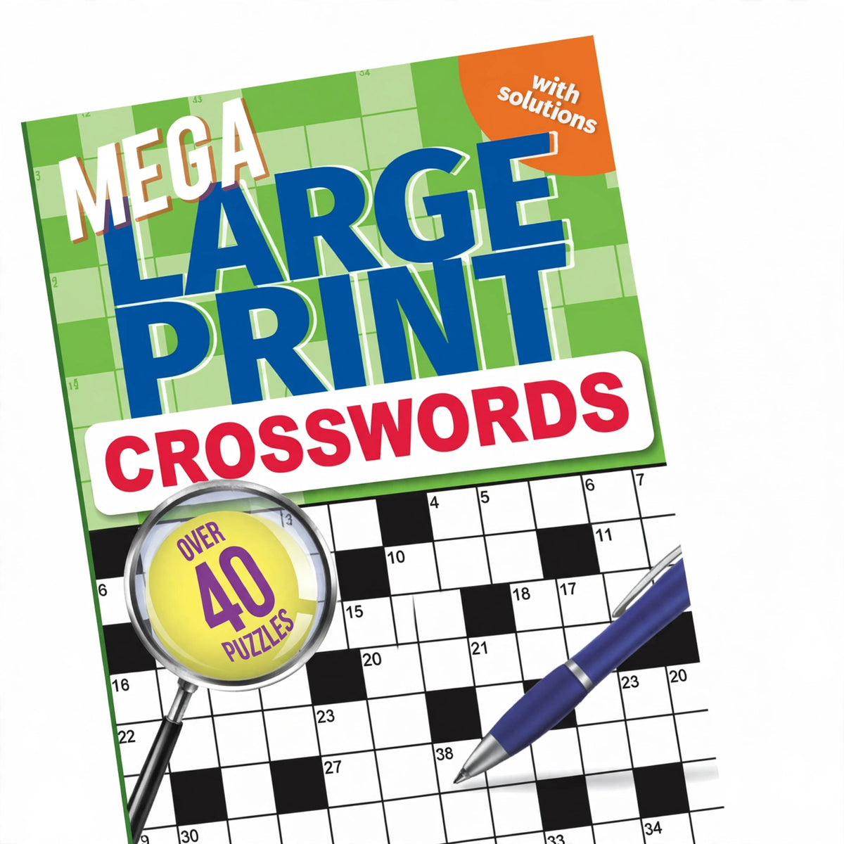 Close-up view of Mega Large Print Crossword Book showing large print crossword grid and clues
