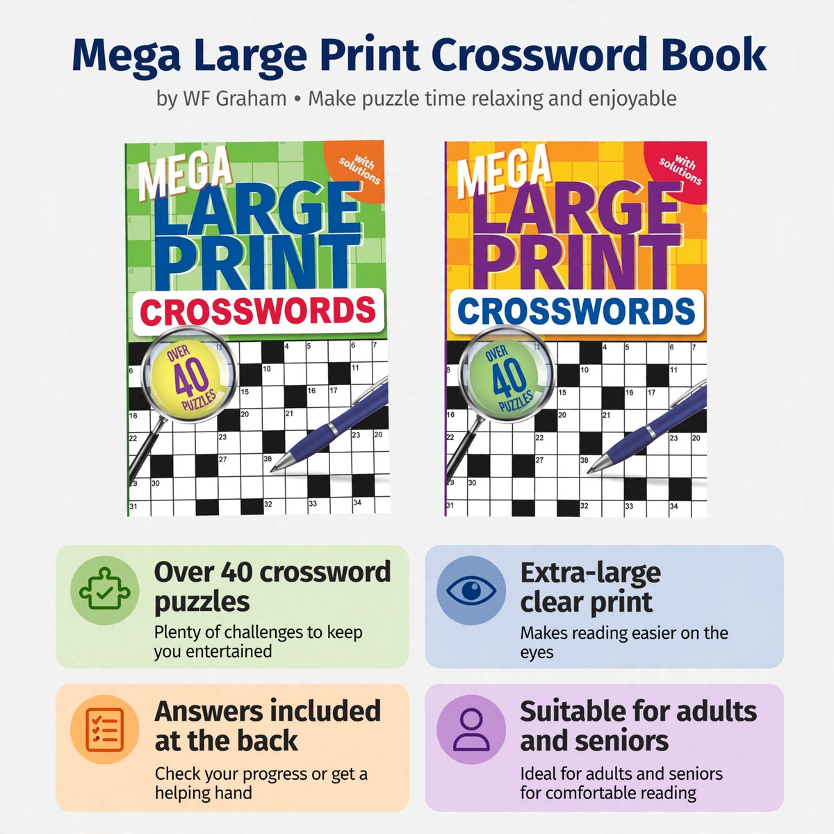 Infographic showing features of Mega Large Print Crossword Book including over 40 puzzles and large print