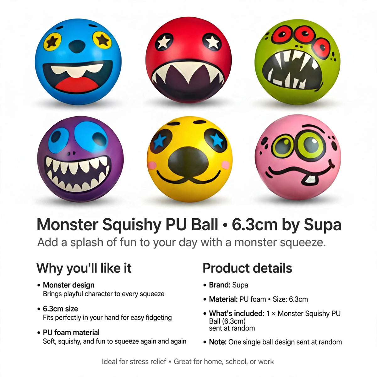 Information about single ball sent at random and 6.3cm size for easy fidgeting