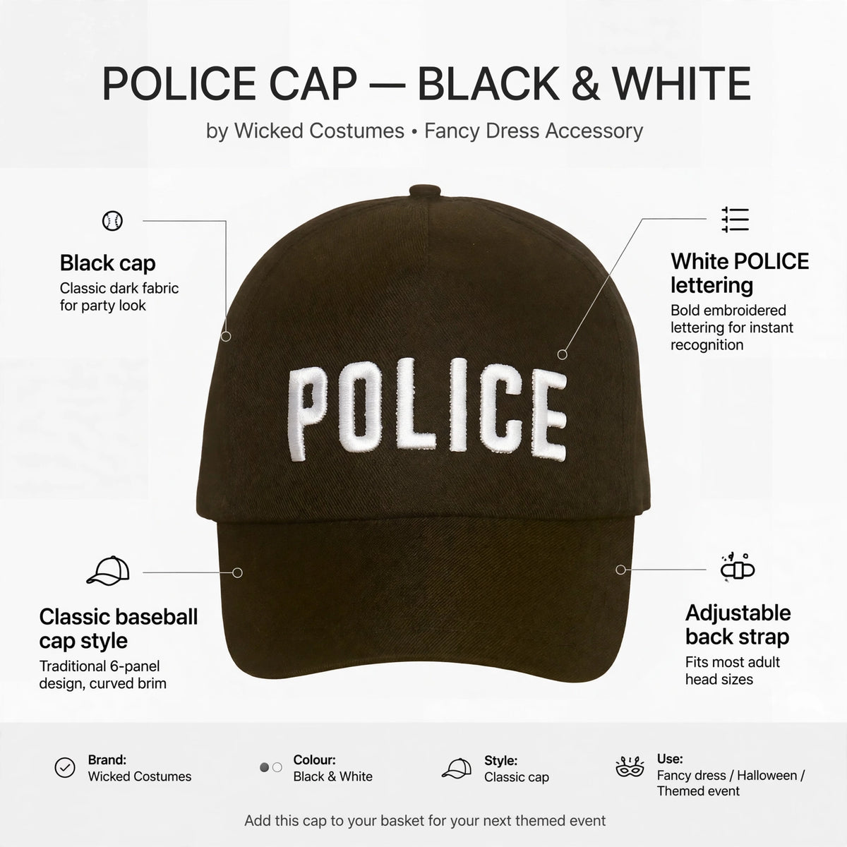 Police cap features including black color, white POLICE lettering, adjustable back strap, and classic baseball cap style