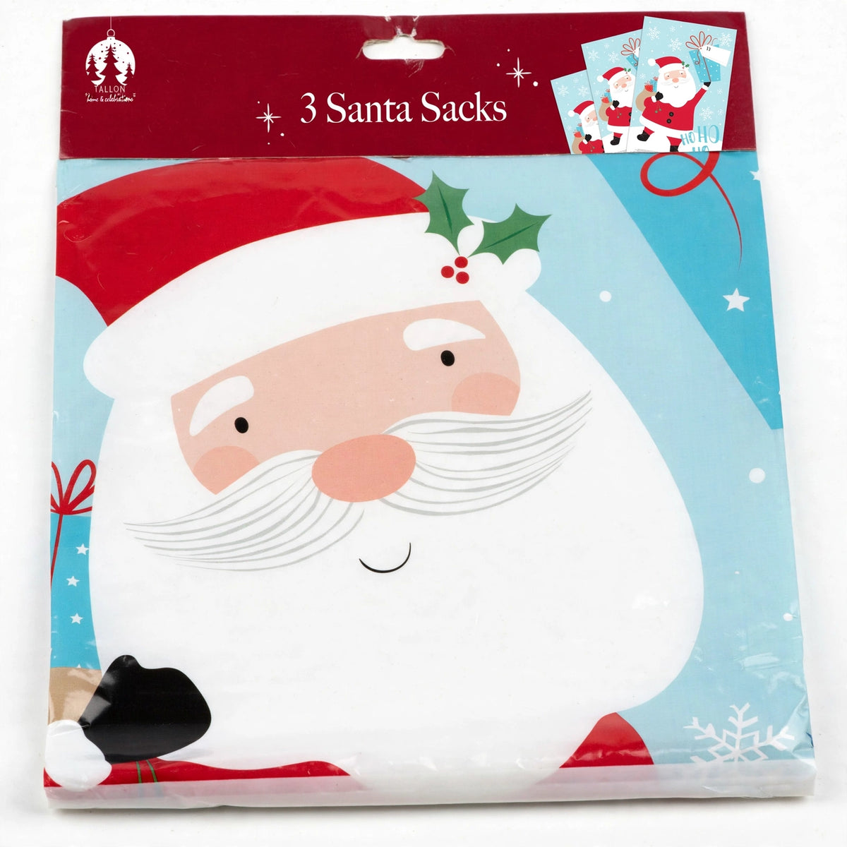 Close-up view of PVC Santa Christmas sack with loop handle and Santa character design