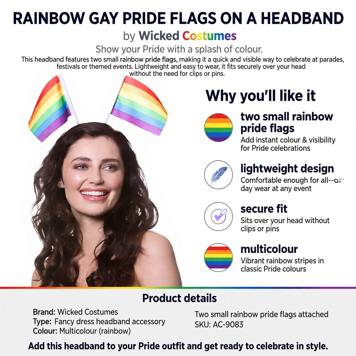 Infographic showing two small rainbow pride flags, lightweight design, and secure fit without clips or pins