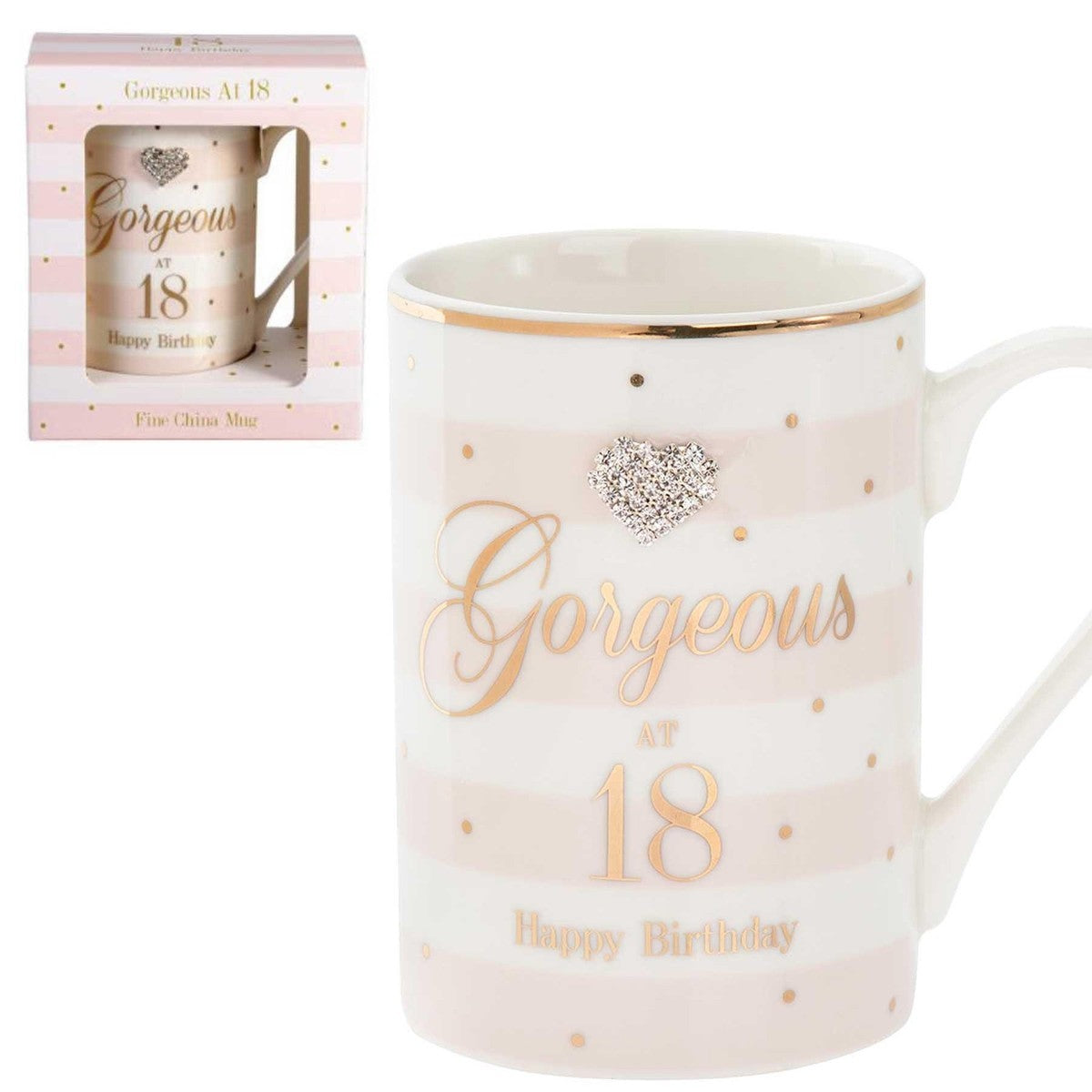 Mad Dots Gorgeous at 18 18th Birthday Boxed Gift Mug Striped With Diamante Heart | Merthyr Tydfil | Why Not Shop Online