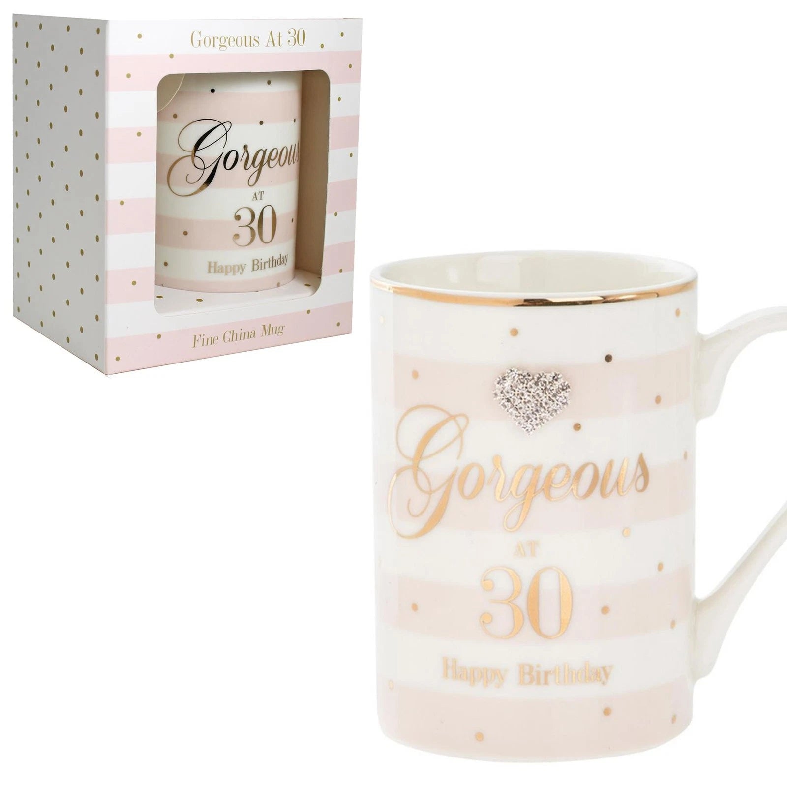 Mad Dots Gorgeous at 30 30th Birthday Boxed Gift Mug Striped With Diamante Heart | Merthyr Tydfil | Why Not Shop Online