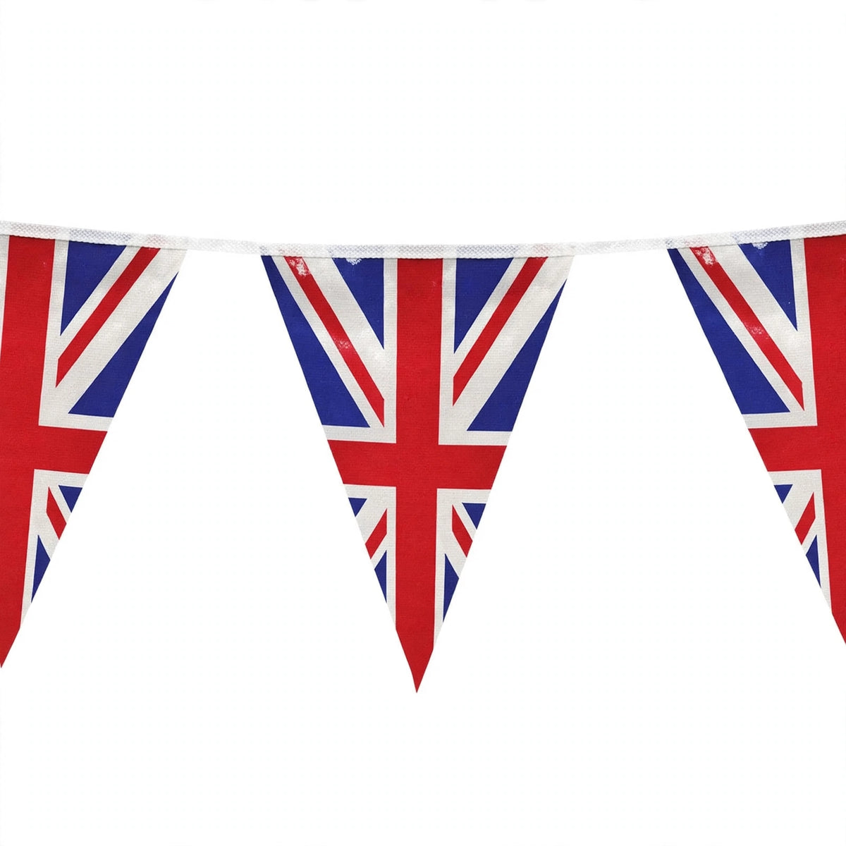 Close-up view of Union Jack triangle flags on bunting string