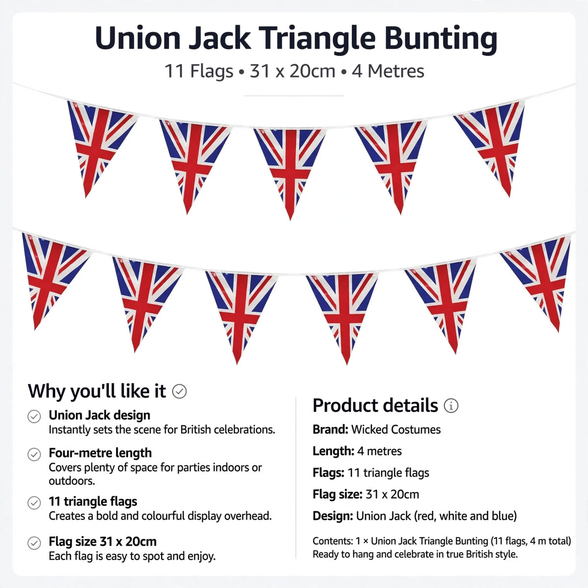 Union Jack triangle bunting with 11 flags on a 4 metre length string ready to hang