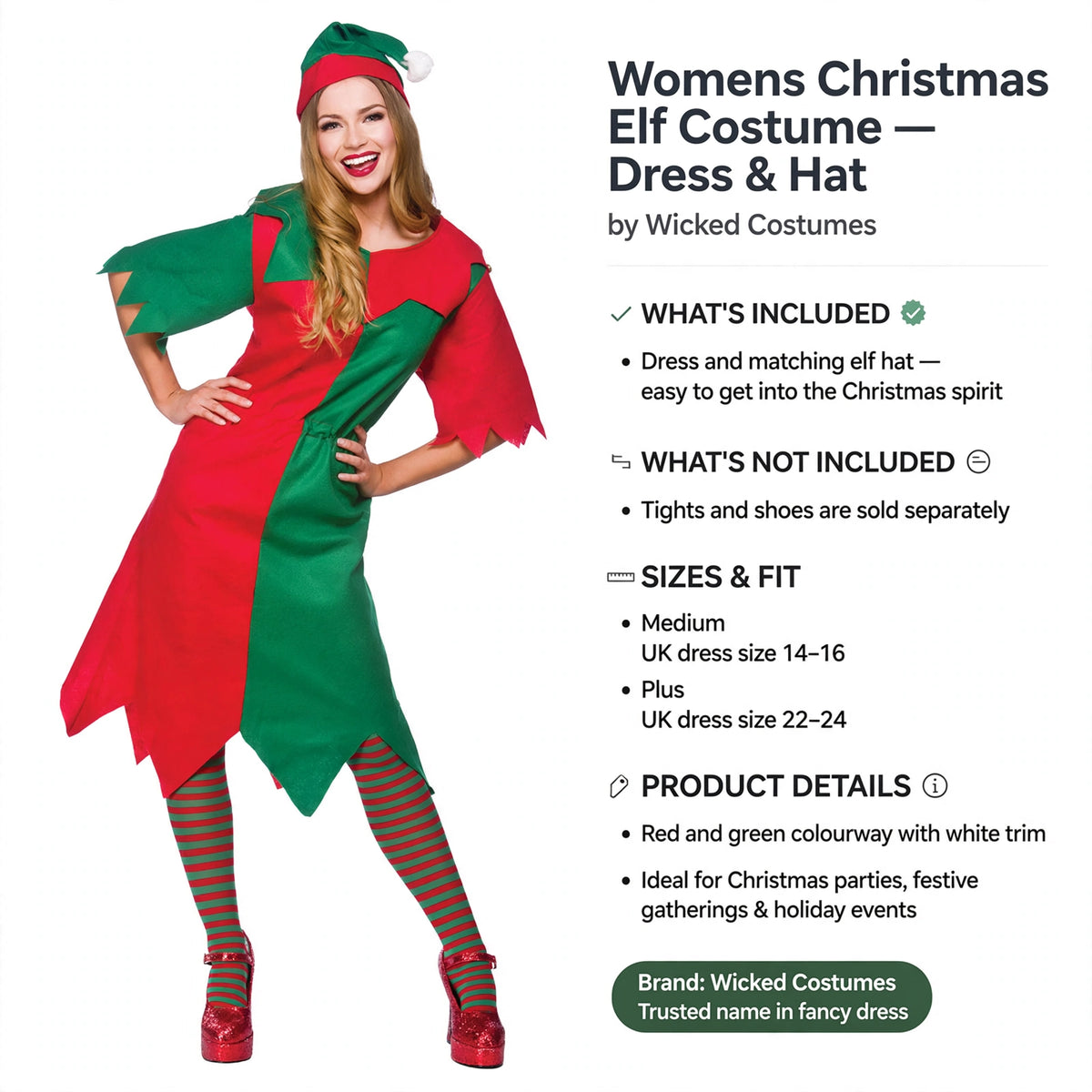 Womens Christmas elf costume includes dress and elf hat in two UK sizes Medium and Plus