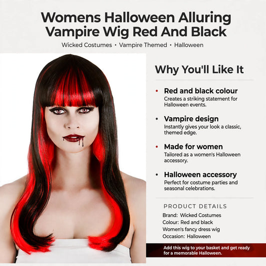 Infographic showing red and black colour, vampire design, and womens Halloween wig features