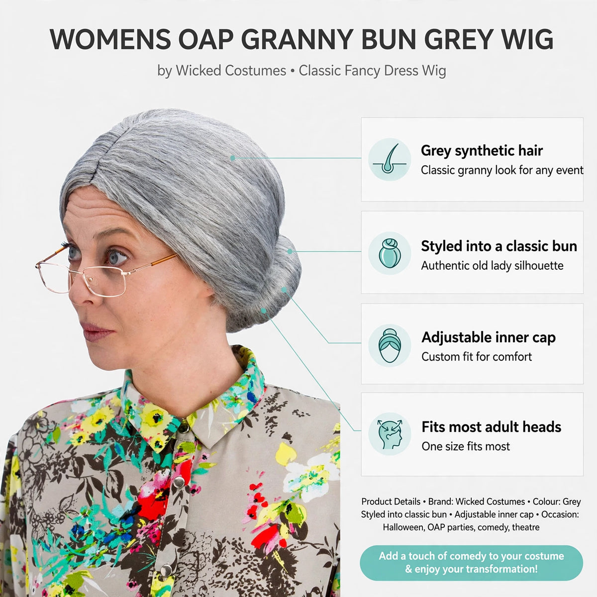 Features grey synthetic hair, classic bun style, and adjustable inner cap for most adult heads