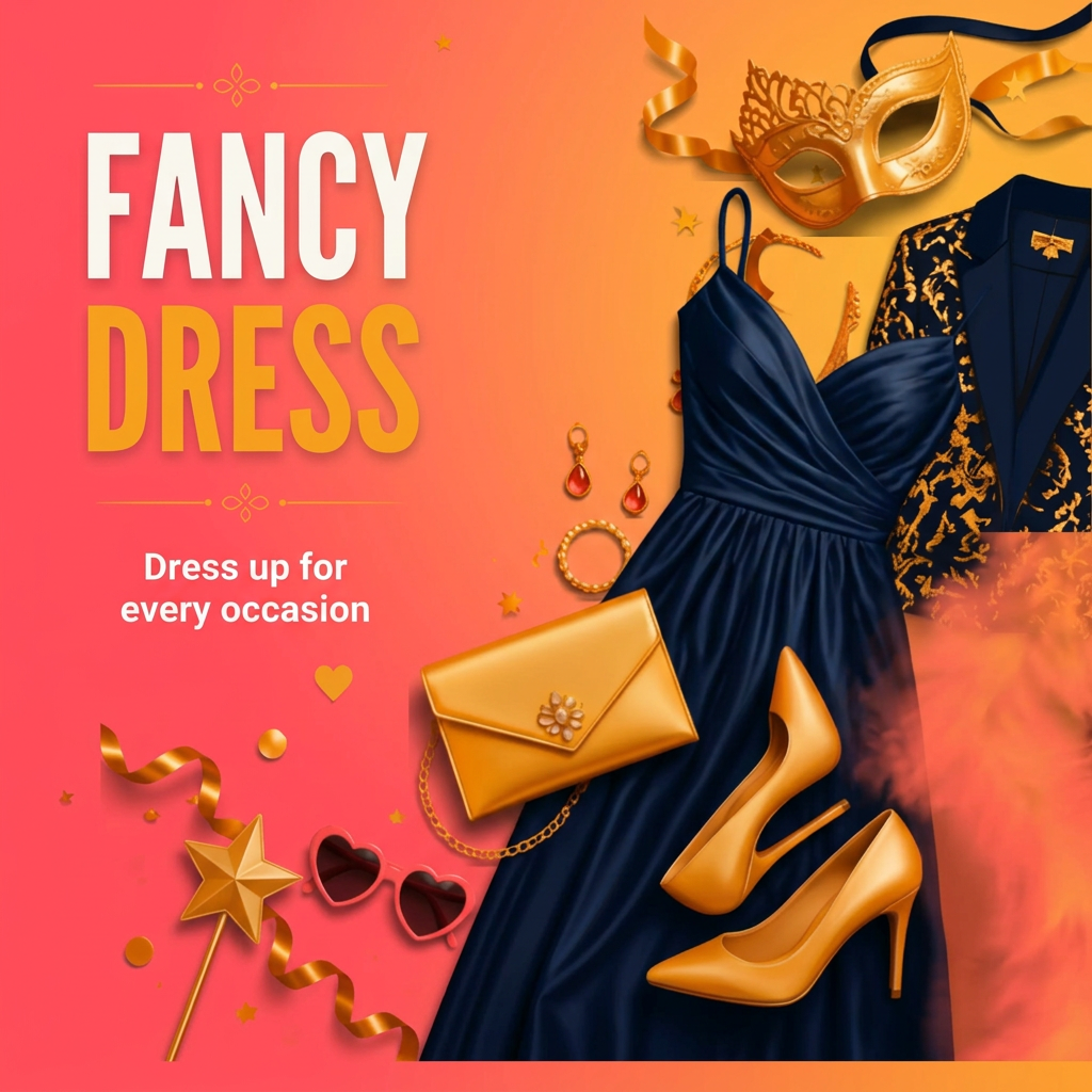Fancy Dress & Party: "Fancy dress and party outfits at Why Not Shop: navy evening dress, gold masquerade mask, amber clutch and heels, star wand and heart sunglasses on a coral-to-amber background
