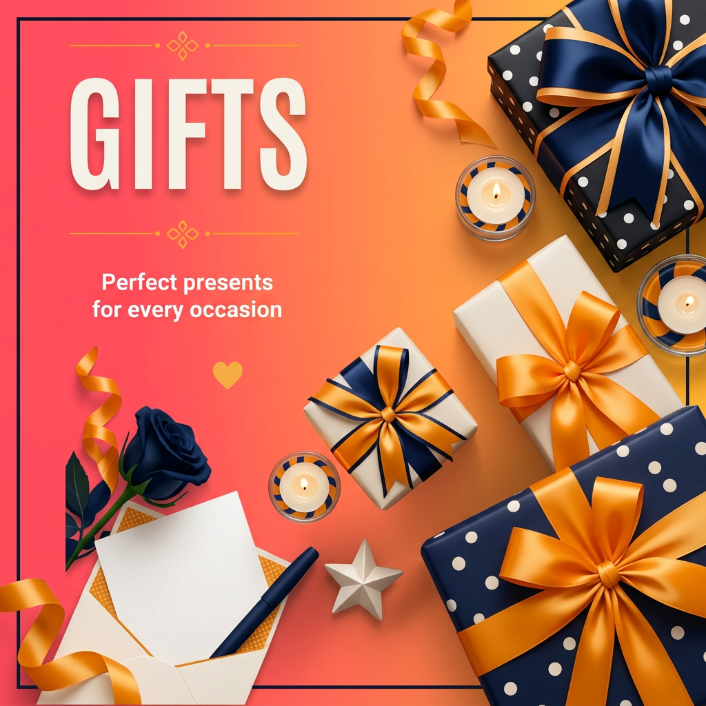 Gifts & Occasions: "Gifts and occasions at Why Not Shop: navy polka-dot and cream gift boxes with amber satin ribbons, candles and a greeting card on a coral-to-amber background