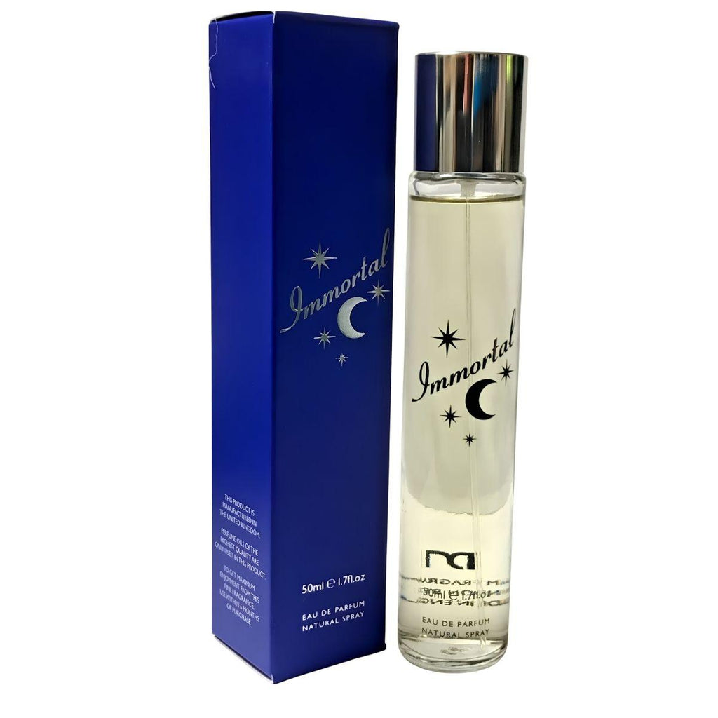 Perfume bottle and packaging with 'Immortal' branding on a white background