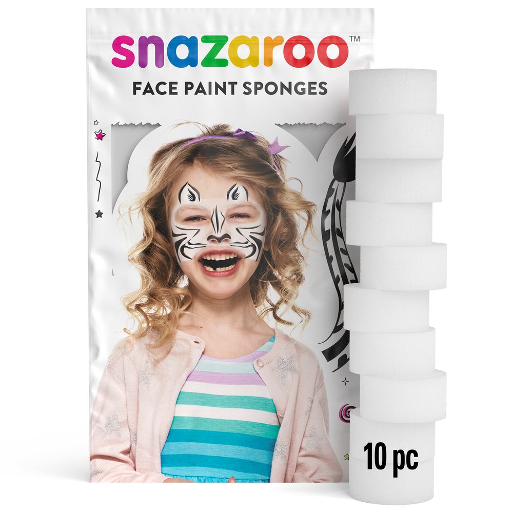 Snazaroo face paint sponges packaging with a child's face painted, on a white background.