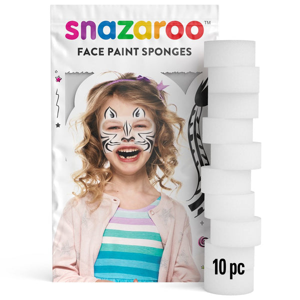 Snazaroo face paint sponges packaging with a child's face painted, on a white background.